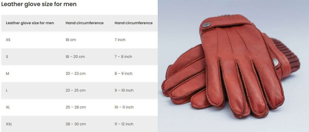 leather glove size for men cm inches chart